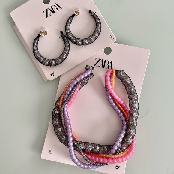 NWT Zara Pearl Mesh Necklace And Earrings Set - Picture 1 of 12